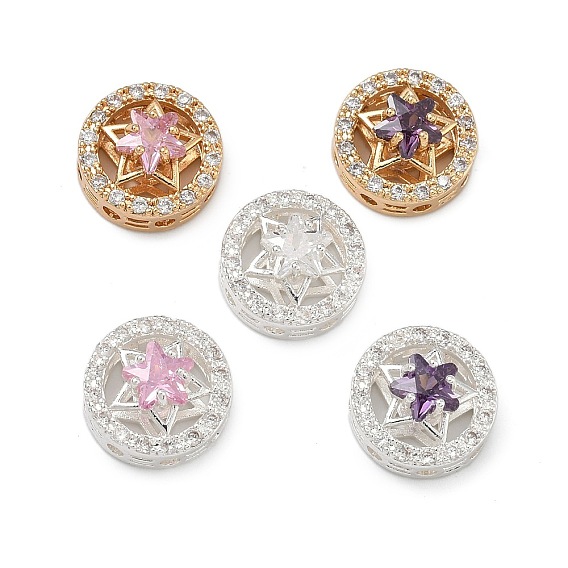 Латунные звенья с инкрустацией кубическим цирконием, плоские круглые со звездой