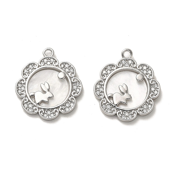 Brass Micro Pave Cubic Zirconia Pendants, with Acrylic, Long-Lasting Plated, Flower with Rabbit