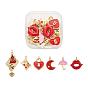 12Pcs 6 Style Real 18K Gold Plated Brass Enamel Pendants, Long-Lasting Plated, with Jump Ring, Valentine's Day, Lip & Heart Lock & Umbrella & Candy & Moon & Rhombus