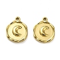 304 Stainless Steel Pendant, Real 14K Gold Plated, Flat Round with Moon & Heart Charm