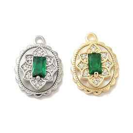 Brass Micro Pave Clear Cubic Zirconia Pendants, with Glass & Shell & Jump Ring, Oval with Flower