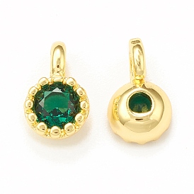 Green Glass Pendnants, with Brass Findings, Flat Round Charms