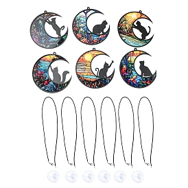 Opaque Acrylic Big Pendants, Leather Strap with Plastic Accessories
, Moon with Cat
