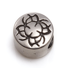 304 Stainless Steel European Beads, Large Hole Beads, Flat Round with Flower