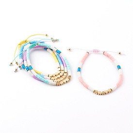 Bracelets de perles tressées en fil de nylon ajustable, avec des perles heishi en pâte polymère et des perles coeur en laiton, or