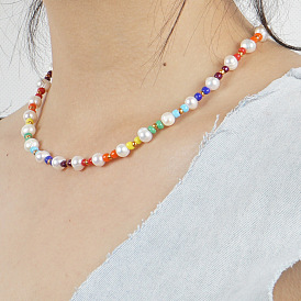Bohemian Beach Style Natural Freshwater Pearl Colorful Beaded Handmade Necklace for Women
