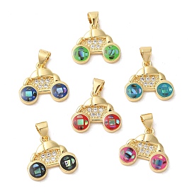 Car Brass Micro Pave Cubic Zirconia Pendants, with Enamel & Shell, Long-Lasting Plated, Lead Free & Cadmium Free, Real 18K Gold Plated