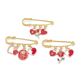 3Pcs 3 Style Valentine's Day Heart/Rose Alloy Enamel Charms Safety Pin Brooch, Golden Iron Kilt Pin for Waist Pants Tightener Women