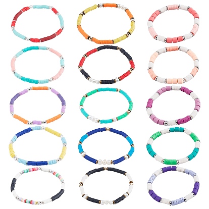 Bracelets extensibles perlés heishi en pâte polymère faits à la main, avec des perles en laiton