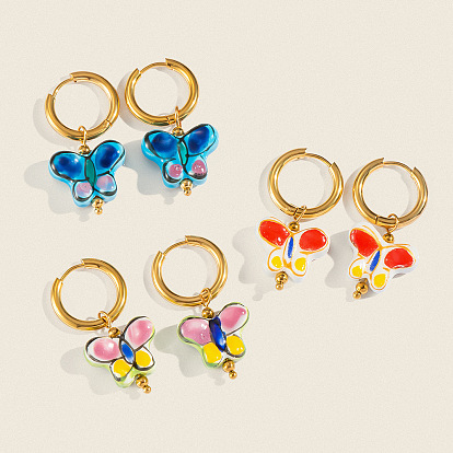 304 Серьги-кольца в форме бабочки из нержавеющей стали и фарфора, реальный 18 k позолоченный