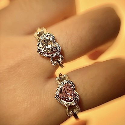 Кольца для пальцев в форме сердца из латуни с микропаве из кубического циркония, платина