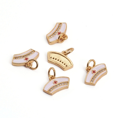 Brass Micro Pave Clear Cubic Zirconia Charms, with Enamel and Jump Rings, Nurse Cap