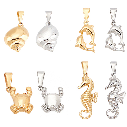 8Pcs 304 Stainless Steel Pendants, Double Dolphin & Conch & Sea Horse & Crab