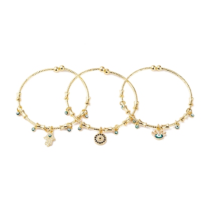 Brass Pave Clear Cubic Zirconia Hamsa Hand/Eye/Flat Round Charm Bangles for Women, with Evil Eye Enamel, Golden