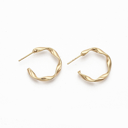 Semicircular Brass Stud Earrings, Half Hoop Earrings, Twited Letter C Shape, Nickel Free, Real 18K Gold Plated