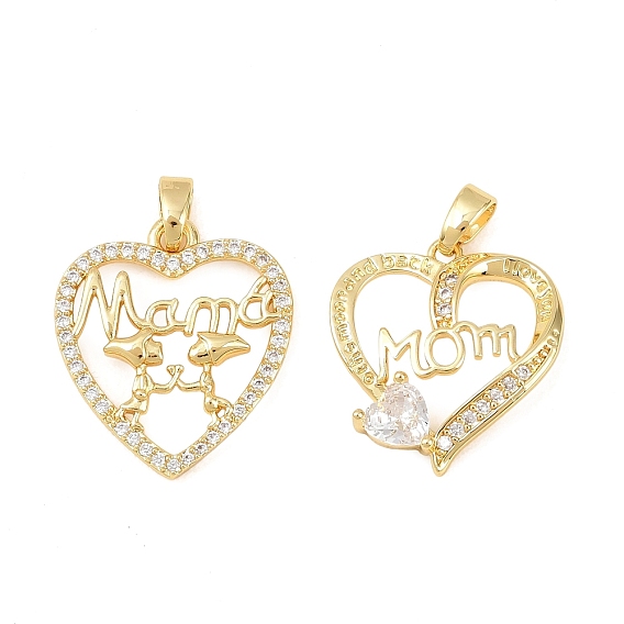 Подвески из латуни с микро паве ко Дню матери, прозрачные подвески с кубическим цирконием, сердце прелести, долговечный, стойки покрытие, без свинца и без кадмия