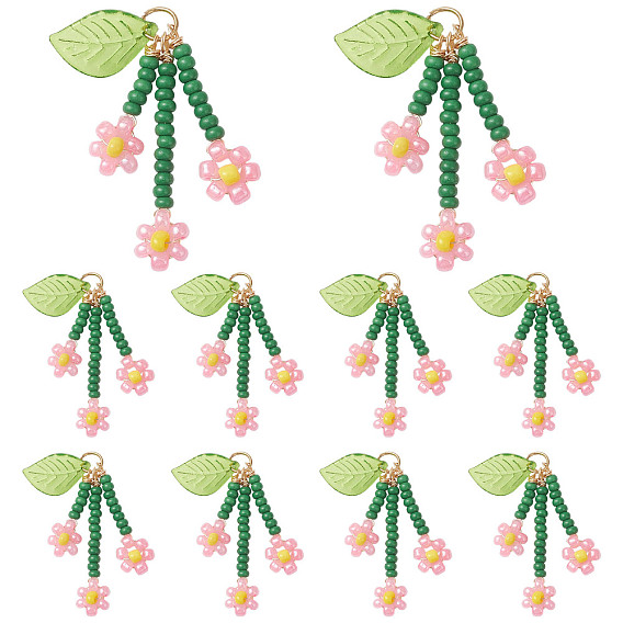 10Stück Blumenanhänger aus Glasperlen, mit Acryl & 304 Edelstahl