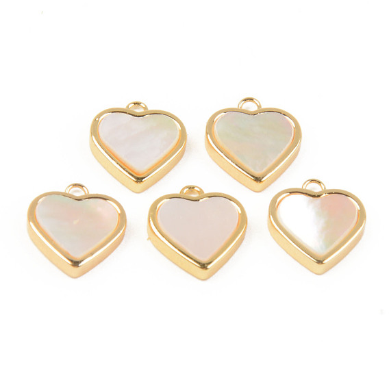 Natural White Shell Mother of Pearl Shell Charms, with Golden Brass Findings, Heart