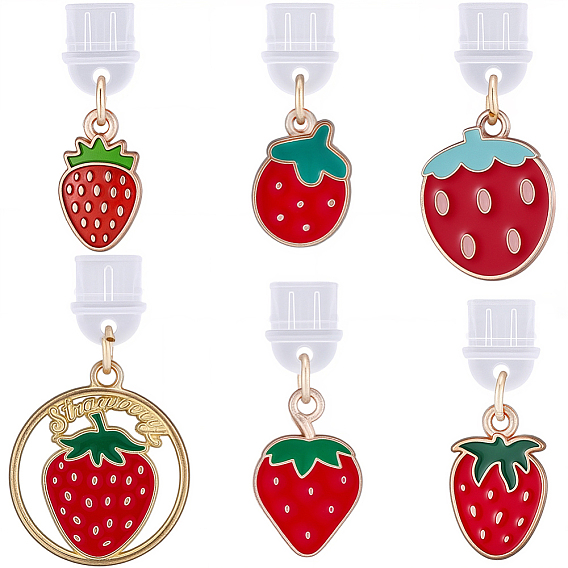 6Pcs 6 Styles Plastic Mobile Dustproof Plugs, with Alloy Enamel Strawberry Pendants, Light Gold