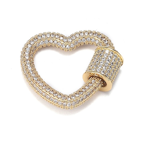 Brass Micro Pave Clear Cubic Zirconia Screw Carabiner Lock Charms, for Necklaces Making, Long-Lasting Plated, Heart