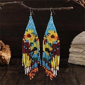 Bohemian Style Yellow Flower Glass Bead Tassel Dangle Earrings for Women