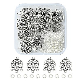 20Pcs Tibetan Style Alloy Chandelier Component Links, Flat Round with Flower, 100Pcs Brass Jump Rings
