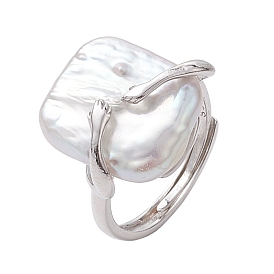 Square Natural Pearl Adjustable Rings, Rhodium Plated Sterling Silver Finger Rings for Women