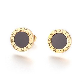 304 Stainless Steel Stud Earrings, with Resin, Flat Round with Roman numerals