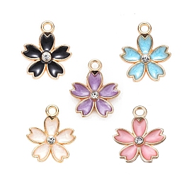 Alloy Enamel Pendants, with Crystal Rhinestone, Sakura Flower, Light Gold