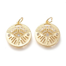 Brass Micro Pave Clear Cubic Zirconia Pendants, with Jump Rings, Long-Lasting Plated, Flat Round