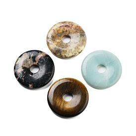 Natural Mixed Stone Pendants, Donut/Pi Disc Charms