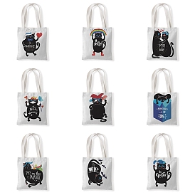 Cute Cat Printed Canvas Women's Tote Bags, with Handle, Rectangle Shoulder Bags for Shopping, Black