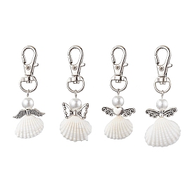 Angel Spiral Shell Pendant Decooration, Glass Pearl Round Bead & Alloy Swivel Lobster Claw Clasps Charms for Bag Ornaments