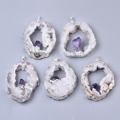 Natural Druzy Agate Big Pendants, Edge Platinum Plated, with Natural Gemstone and Iron Snap on Bails, Nuggets