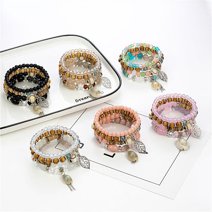 Bohemian Beach Shell Tassel Multi-layer Bracelet Set for Women with Wood Beads, Crystals and Coconut Shells
