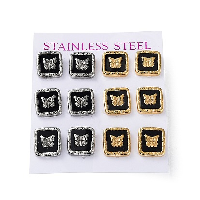6 Pair 2 Color Square & Butterfly Acrylic Stud Earrings, 304 Stainless Steel Earrings