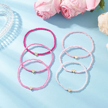 6шт 6 цвета стеклянные бусины растягивающиеся браслеты, латунные украшения в форме сердца для женщин