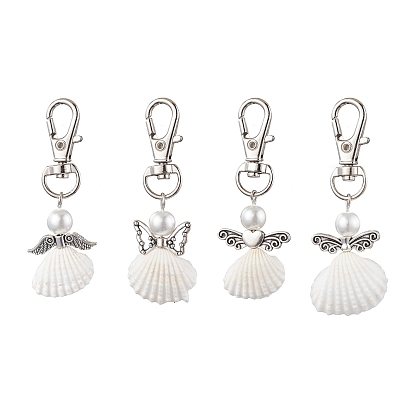 Décoration pendentif coquille spirale ange, Perle de verre ronde et alliage, fermoirs à griffes de homard pivotants, breloques pour ornements de sacs