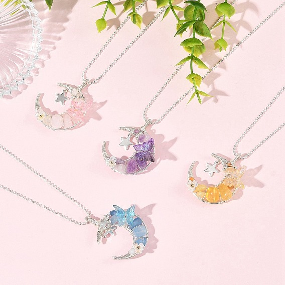 4Pcs 4 Colors Natural Aquamarine & Rose Quartz & Yellow Fluorite & Lavender Amethyst Wire Wrapped Moon with Acrylic Butterfly Pendant 304 Stainless Steel Ball Chain Necklaces, Silver Color Plated
