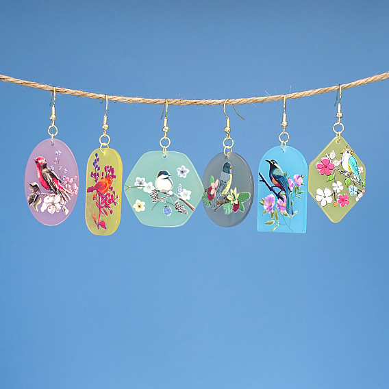 Акриловые серьги-подвески с птичьим узором, золотые