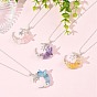 4Pcs 4 Colors Natural Aquamarine & Rose Quartz & Yellow Fluorite & Lavender Amethyst Wire Wrapped Moon with Acrylic Butterfly Pendant 304 Stainless Steel Ball Chain Necklaces, Silver Color Plated