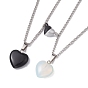 2Pcs 2 Style Natural Black Stone & Opalite Heart Pendant Necklaces Set, 304 Stainless Steel Magnetic Matching Couple Necklaces