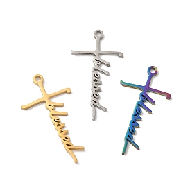 Ion Plating(IP) 304 Stainless Steel Pendants, Cross with Word Blessed Charm