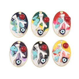 Rack Plating Alloy Enamel Pendants, with Resin & ABS Imitation Pearl Beads & Synthetic Turquoise, Cadmium Free & Nickel Free & Lead Free, Golden, Oval with Heart & Evil Eye