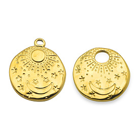 Stainless Steel Pendants, Flat Round with Moon Sun Charm