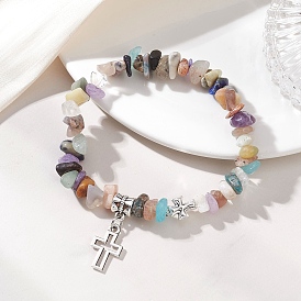 Браслеты из сплава с подвесками в виде креста, Эластичные браслеты из натуральных и синтетических бусин с добавлением драгоценных камней для женщин.