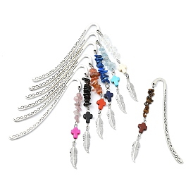 7Pcs 7 Styles Cross Dyed Synthetic Turquoise & Alloy Feather Charm Bookmarks, Natural Lapis Lazuli & Obsidian & South Red Agate & Aquamarine & Tiger Eye & Rose Quartz, Opalite Chip Bookmarks