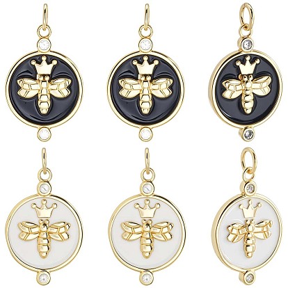 10шт 2 цвета экологически чистые латунные подвески из кубического циркония с микропаве, плоская круглая с пчелами и подвеской в виде короны, Эмаль стиле, реальный 18 k позолоченный, без кадмия и без свинца