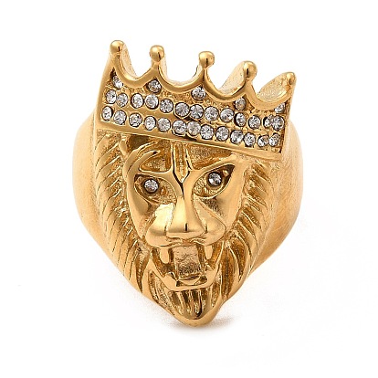 304 Stainless Steel Rhinestone Finger Rings, Lion with Crown Wide Band Rings for Women Men