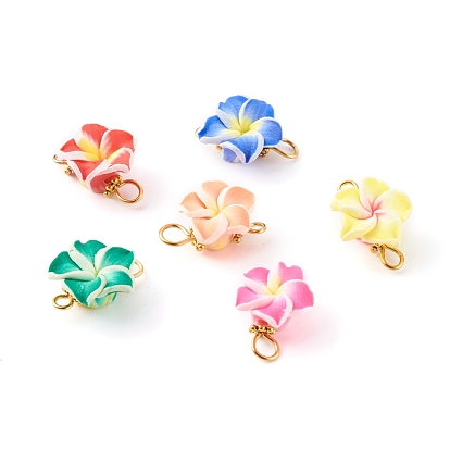 Handmade Polymer Clay Links Connectors, with Golden Brass Findings, Frangipani Flower
